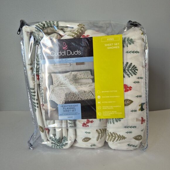 Cuddl Duds King Size Christmas Pine Trees Gnomes Mushrooms King Size Sheet Set - Picture 1 of 8